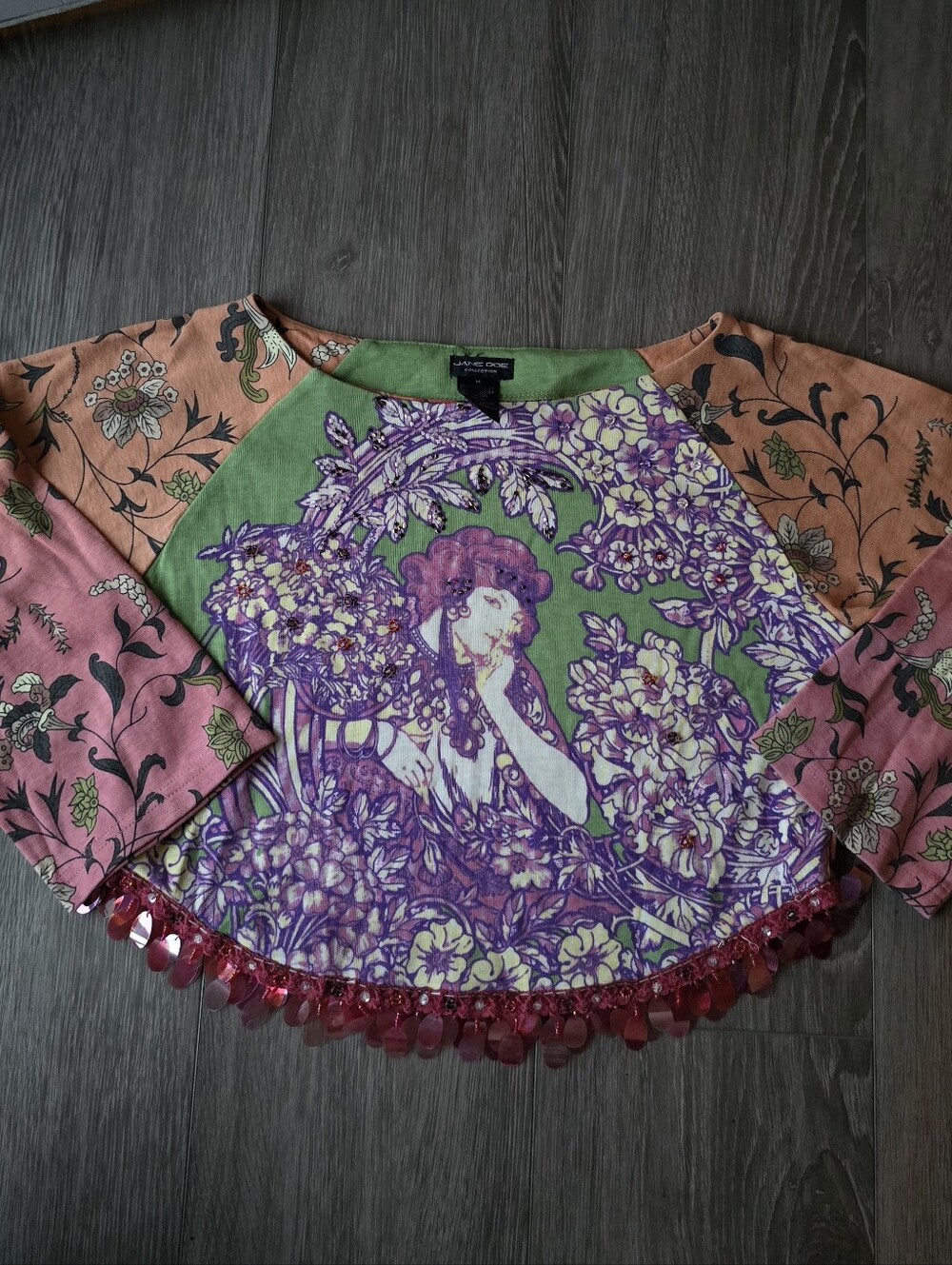 Jane Doe Collection Y2K Mucha Art Nouveau Beaded Paillette Crop Top Boho Sz M